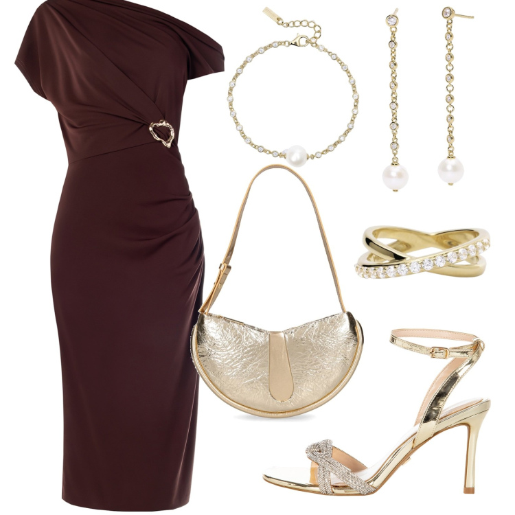 Outfit donna - Cerimonia Glamour. Stile Glamour per Cerimonia. Abbinamento con orecchini, braccialetti, anelli, sandali col tacco, vestiti a tubino, borse a spalla.