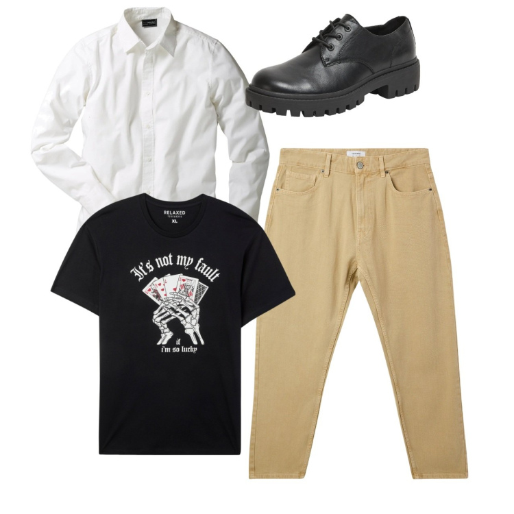 Outfit uomo - Total look. Stile Casual per Tutti i giorni. Abbinamento con camicie, pantaloni, t-shirt, scarpe stringate.