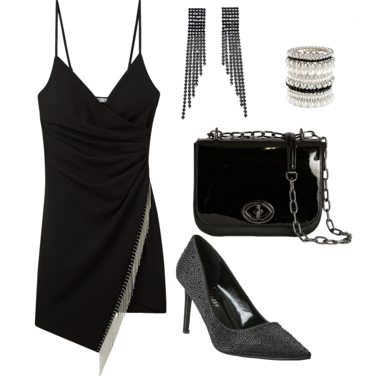 Outfit donna - Evento sera. Stile Sexy per Serata fuori. Abbinamento con braccialetti, vestiti corti, décolleté, orecchini, borse a tracolla.