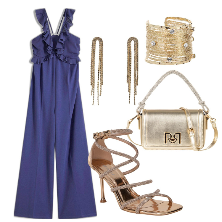 Outfit donna - Serata in jumsuit. Stile Chic per Serata fuori. Abbinamento con tute, orecchini, sandali col tacco, borse a mano, braccialetti.