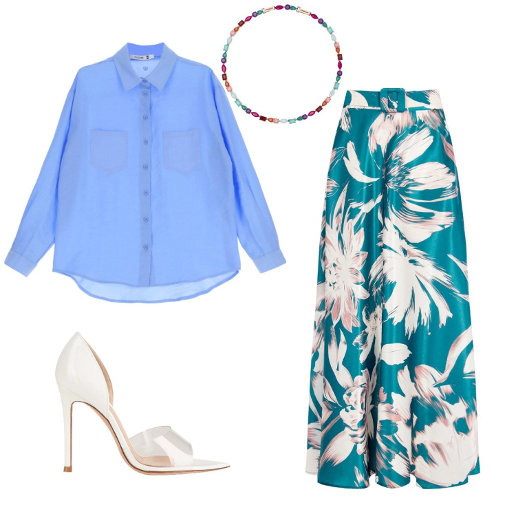 Outfit donna - Matrimonio in gonna e camicia. Stile Chic per Cerimonia. Abbinamento con décolleté, collane, gonne lunghe, camicie.