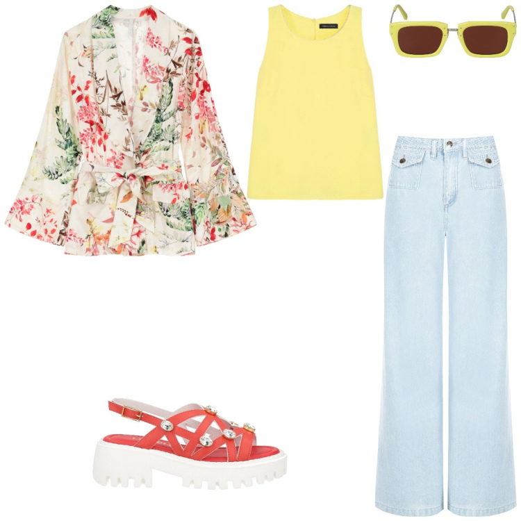 Outfit donna - Primavera nell\'aria. Stile Casual per Tutti i giorni. Abbinamento con sandali in pelle, jeans dritti, blazer, top, occhiali da sole.