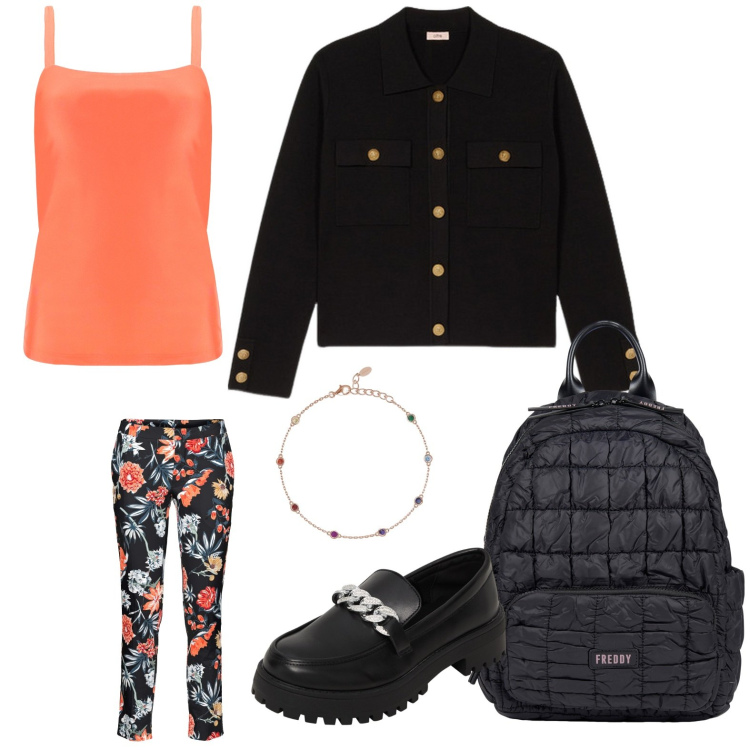 Outfit donna - Look fresco e chic. Stile Casual chic per Cerimonia. Abbinamento con pantaloni, mocassini, braccialetti, canottiere, zaini, blazer.