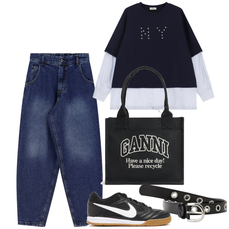 Outfit donna - Total look #2115314. Stile Urban per Tutti i giorni. Abbinamento con cinture, jeans, felpe, sneakers, shopping bag.