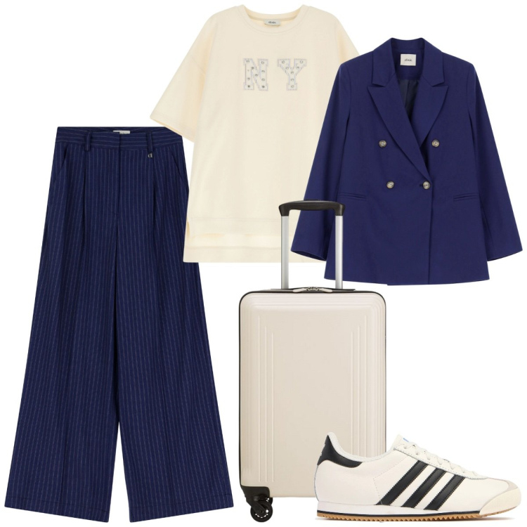 Outfit donna - Total look #2115315. Stile Urban per Tutti i giorni. Abbinamento con pantaloni a palazzo, felpe, blazer, sneakers, valigie.