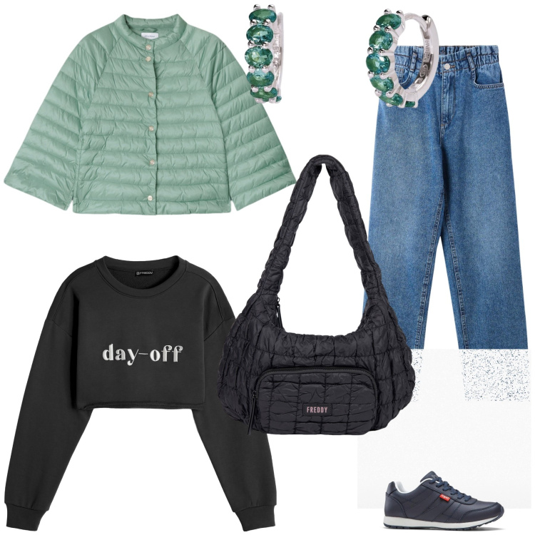 Outfit donna - Colazione di festa al bar. Stile Casual chic per Tutti i giorni. Abbinamento con sneakers, jeans, orecchini, felpe, borse a spalla, cappe.