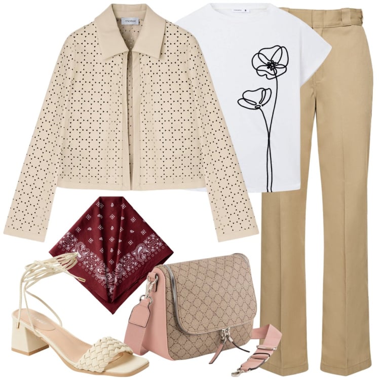 Outfit donna - La giacchetta. Stile Casual chic per Ufficio. Abbinamento con t-shirt, sandali alla schiava, blazer, pantaloni, foulard, borse a tracolla.