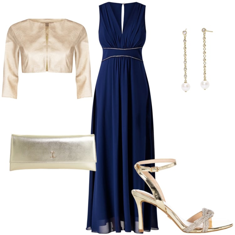 Outfit donna - Matrimonio. Stile Chic per Cerimonia. Abbinamento con orecchini, bolero, vestiti lunghi, sandali col tacco, pochette.
