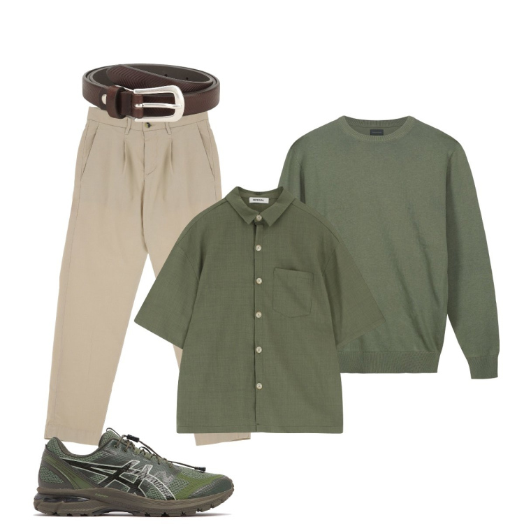 Outfit uomo - Total look #2115344. Stile Casual per Ufficio. Abbinamento con cinture, pantaloni chino, camicie a manica corta, sneakers, maglieria.