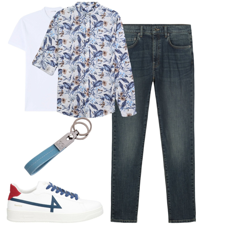 Outfit uomo - City. Stile Casual per Tutti i giorni. Abbinamento con sneakers, t-shirt, camicie, portachiavi, jeans.