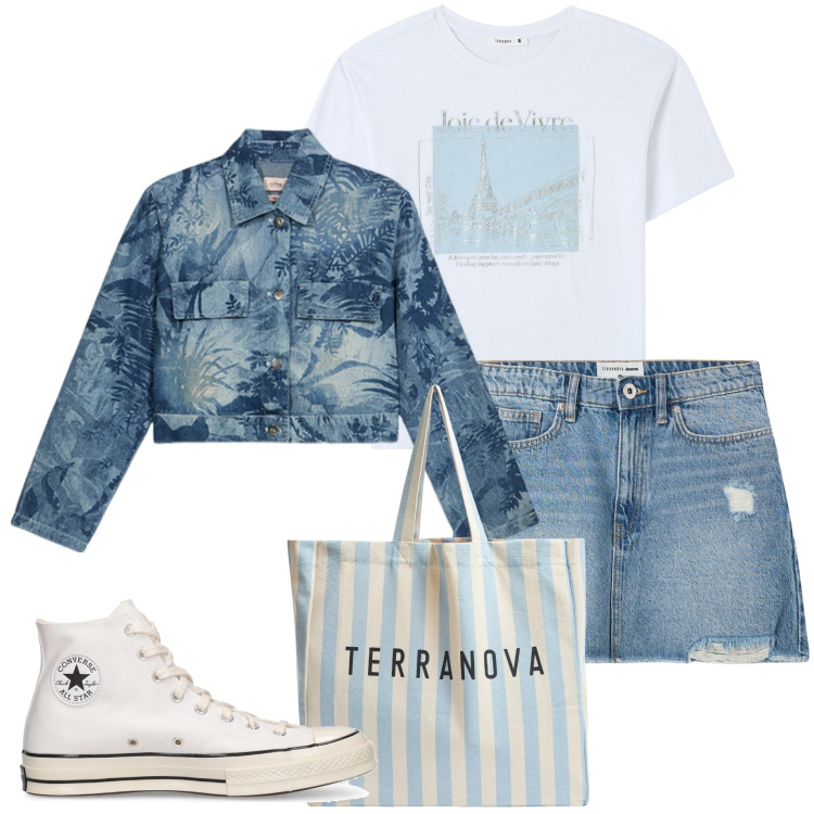 Outfit donna - A lezione. Stile Casual per Scuola/Università. Abbinamento con minigonne, borse tote, t-shirt, sneakers, blazer.