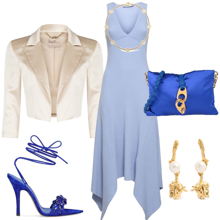 Outfit donna - Una collana per la cerimonia. Stile Chic per Cerimonia. Abbinamento con borse a tracolla, bolero, vestiti asimmetrici, collane, orecchini, sandali in pelle.