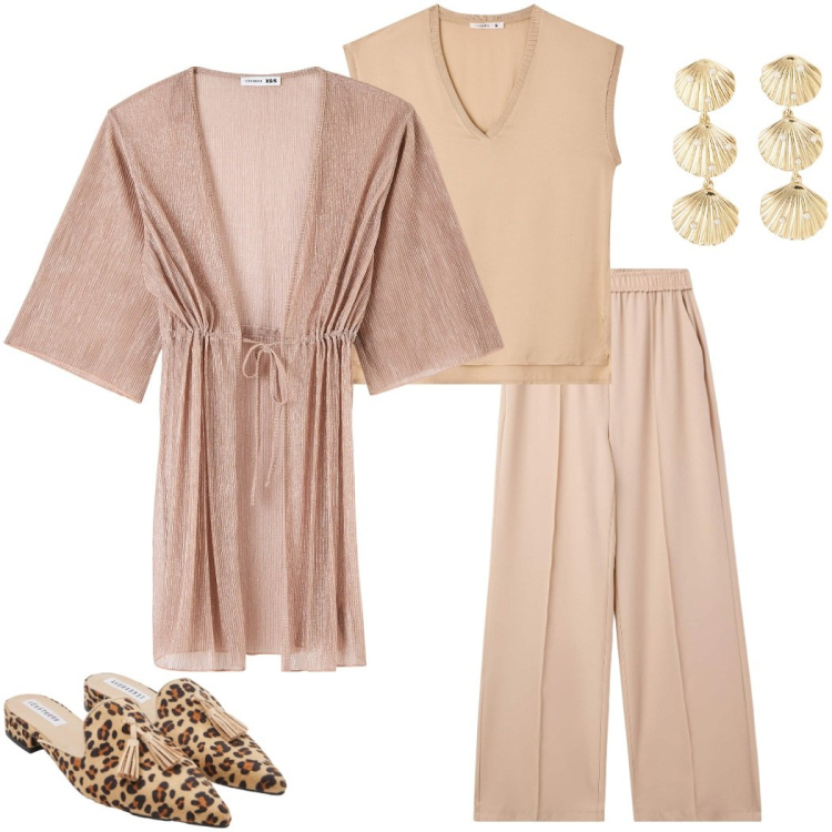Outfit donna - Occasioni Terranova. Stile Casual chic per Serata fuori. Abbinamento con pantaloni, sabot, orecchini, caftani, top.