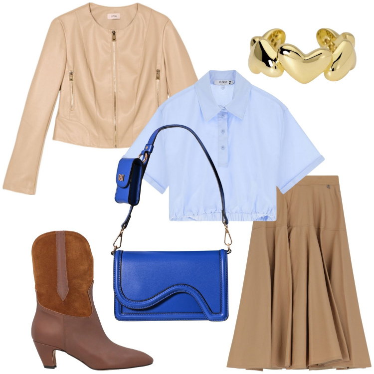 Outfit donna - Gonna e camicia. Stile Minimal per Tutti i giorni. Abbinamento con stivaletti, gonne lunghe, anelli, pochette, camicie a manica corta, giacche.