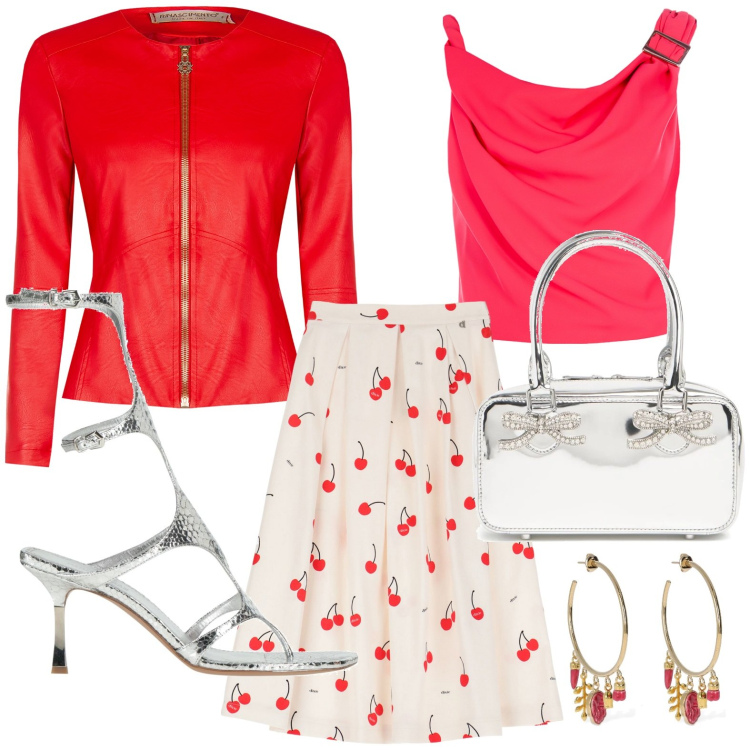 Outfit donna - Gonna e camicia. Stile Chic per Serata fuori. Abbinamento con infradito, gonne, giacche, top, orecchini, borse a mano.