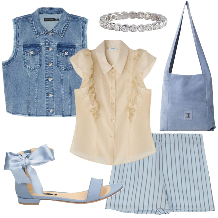 Outfit donna - Rouches e fiocchi. Stile Casual per Tutti i giorni. Abbinamento con sandali in pelle, anelli, borse a tracolla, pantaloni corti, gilet, camicie.