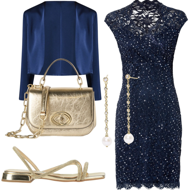 Outfit donna - Pizzo e gold. Stile Chic per Serata fuori. Abbinamento con vestiti, sandali, orecchini, bolero, borse a tracolla.