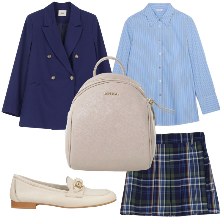 Outfit donna - British school. Stile Preppy per Scuola/Università. Abbinamento con mocassini, zaini, minigonne, blazer, camicie.