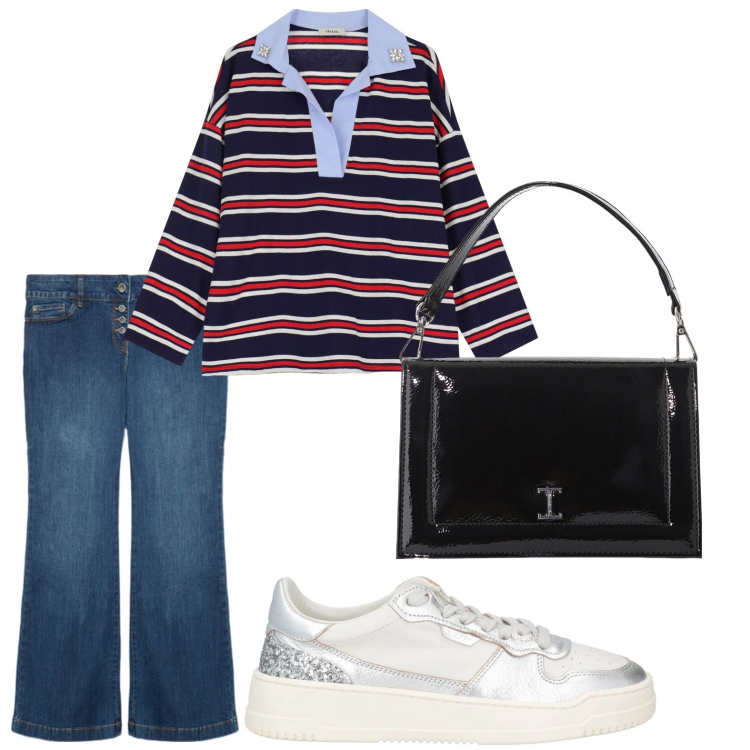 Outfit donna - Sopra le righe. Stile Glamour per Tutti i giorni. Abbinamento con sneakers, borse a tracolla, maglieria, jeans.