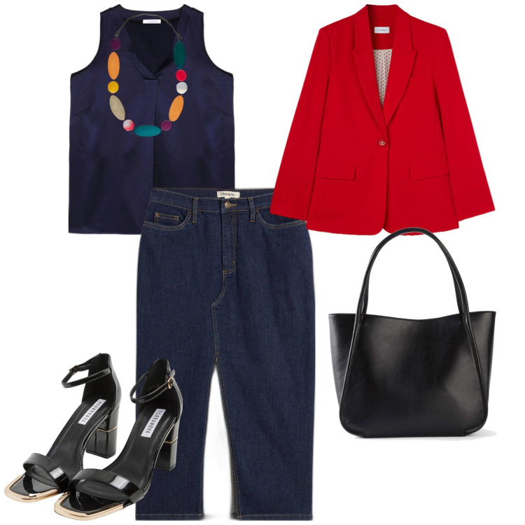 Outfit donna - In ufficio con i sandali. per Ufficio. Abbinamento con shopping bag, gonne longuette, sabot, collane, top, blazer.