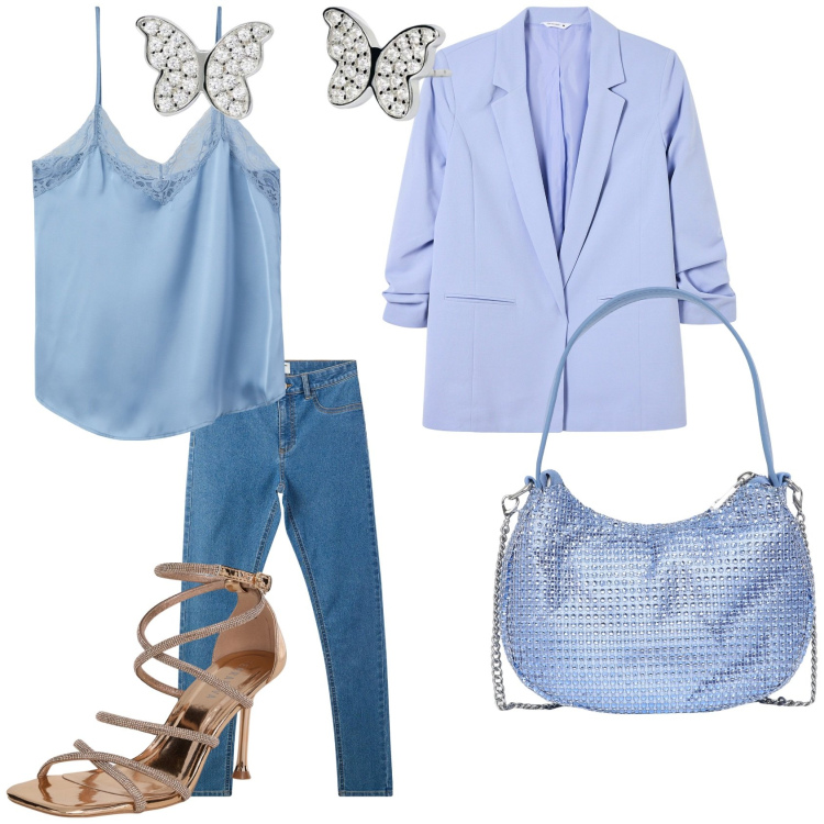 Outfit donna - Evviva la primavera. Stile Casual chic per Tutti i giorni. Abbinamento con sandali col tacco, jeggings, borse a spalla, blazer, top, orecchini.