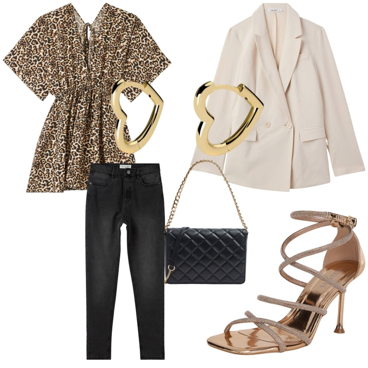 Outfit donna - Il bel tempo è arrivato. Stile Casual chic per Tutti i giorni. Abbinamento con blazer, sandali col tacco, jeans skinny, caftani, borse a tracolla, orecchini.