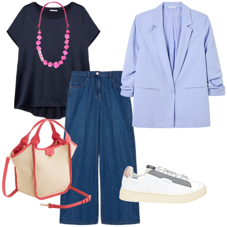 Outfit donna - Tutto al suo posto. per Tutti i giorni. Abbinamento con sneakers, blazer, t-shirt, collane, jeans, borse a mano.