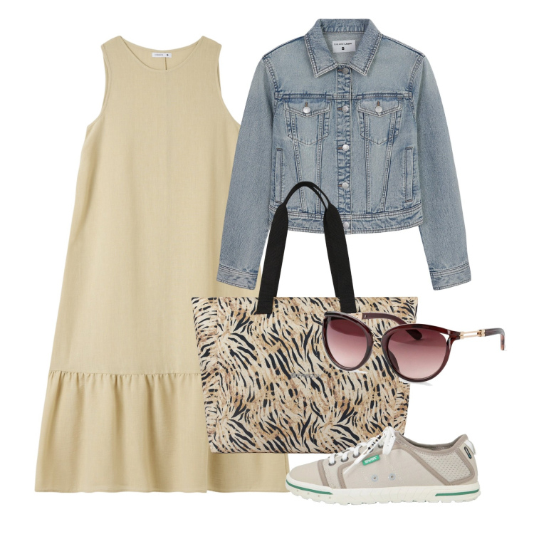 Outfit donna - Relax day. Stile Bon Ton per Tutti i giorni. Abbinamento con occhiali da sole, sneakers, vestiti lunghi, blazer, shopping bag.