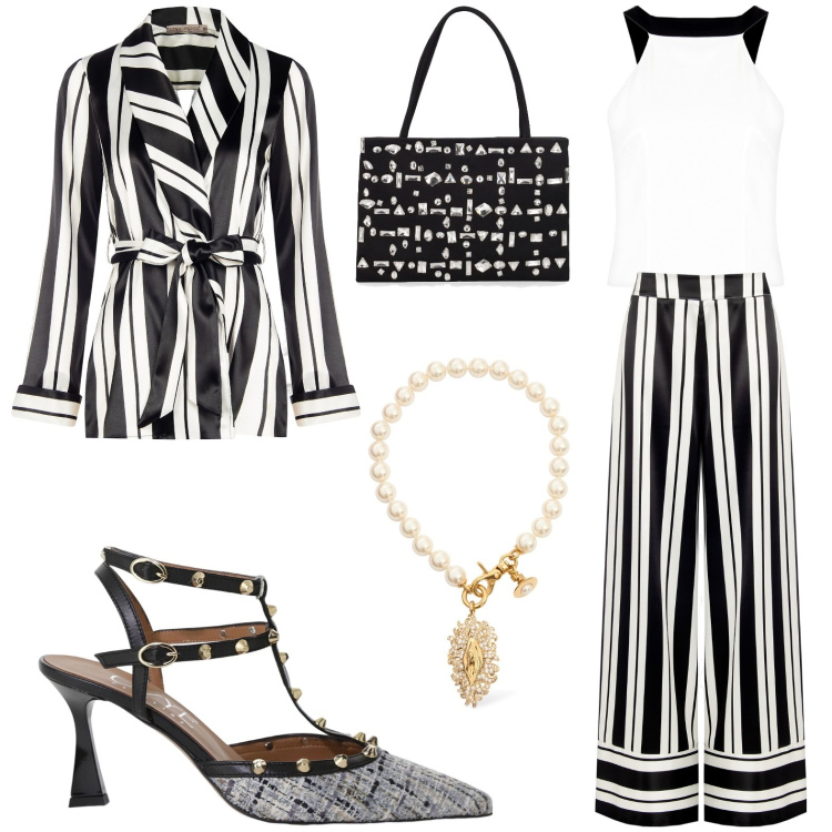 Outfit donna - Total look #2115398. Stile Chic per Serata fuori. Abbinamento con pantaloni a palazzo, blazer, top, décolleté, borse a spalla, collane.