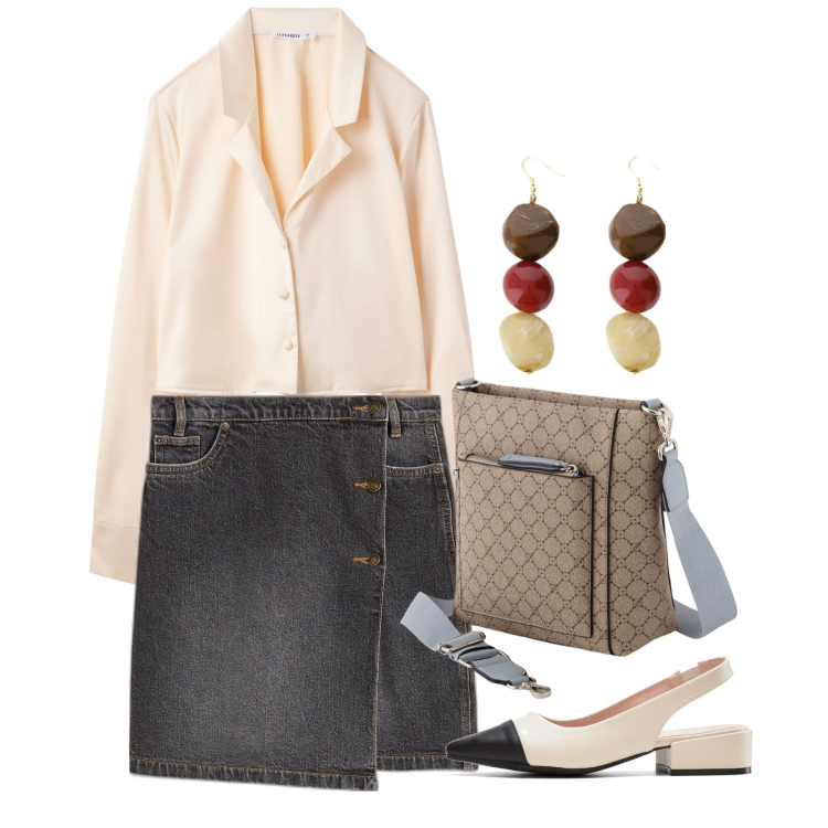 Outfit donna - Aprile. Stile Chic per Ufficio. Abbinamento con décolleté, gonne, camicie, orecchini, borse a tracolla.