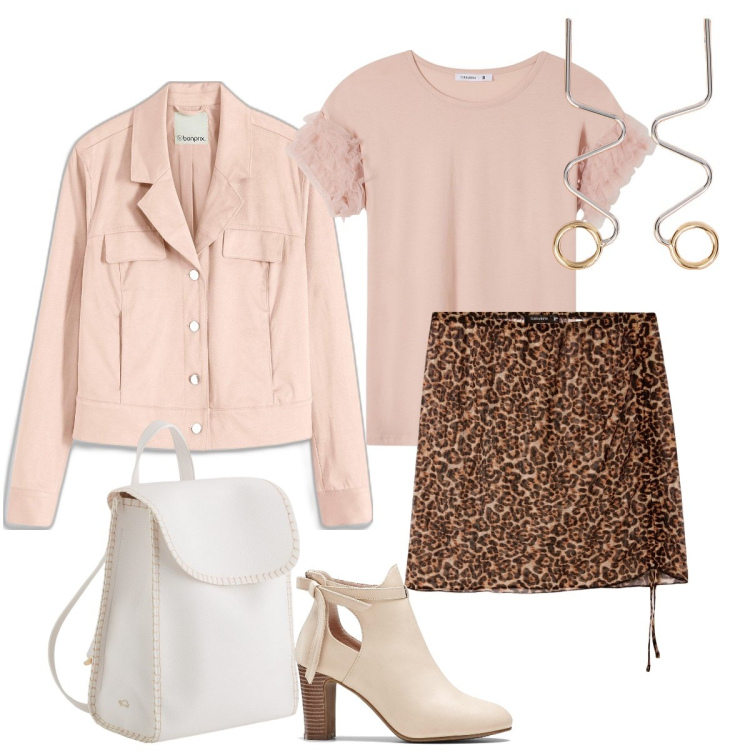 Outfit donna - La minigonna leopardata. Stile Romantica per Tutti i giorni. Abbinamento con stivaletti, blazer, minigonne, t-shirt, zaini, orecchini.