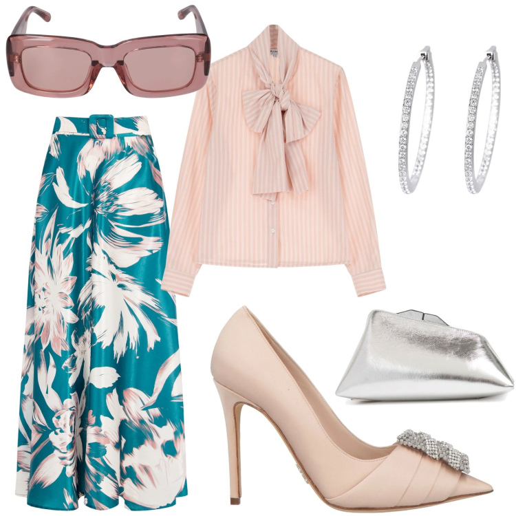 Outfit donna - Total look #2115402. Stile Chic per Tutti i giorni. Abbinamento con décolleté, orecchini, gonne lunghe, camicie, pochette, occhiali da sole.