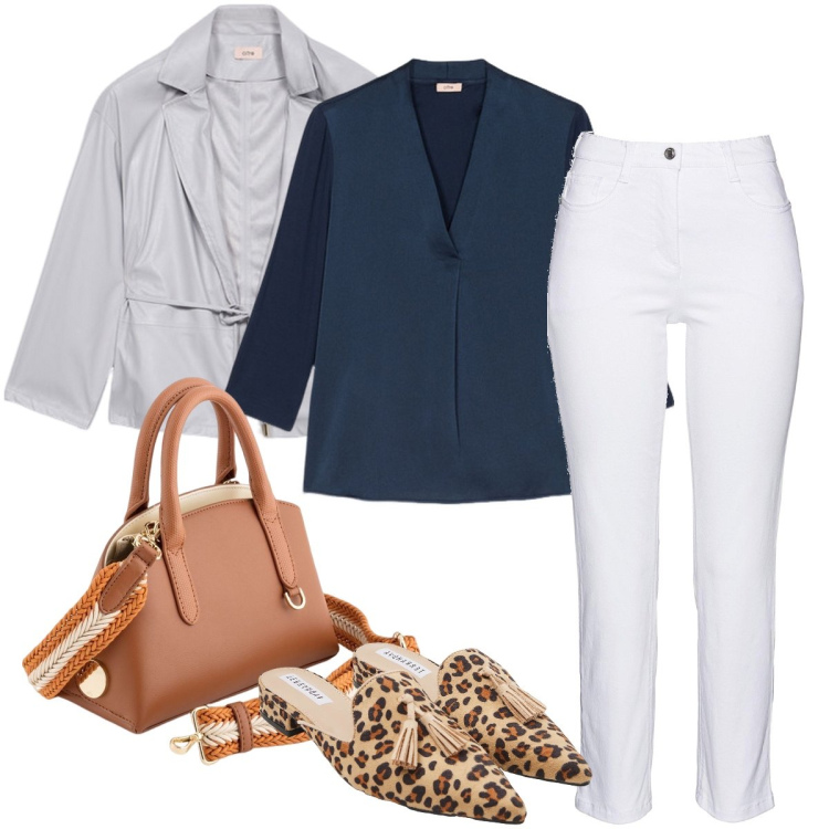 Outfit donna - La blusa blu. Stile Bon Ton per Ufficio. Abbinamento con pantaloni, sabot, bluse, blazer, borse a mano.