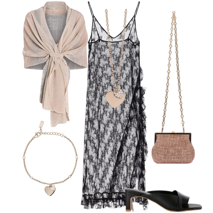 Outfit donna - Pizzo nero. Stile Sexy per Serata fuori. Abbinamento con braccialetti con ciondoli, ciondoli, stole, vestiti midi/longuette, clutch, sabot.