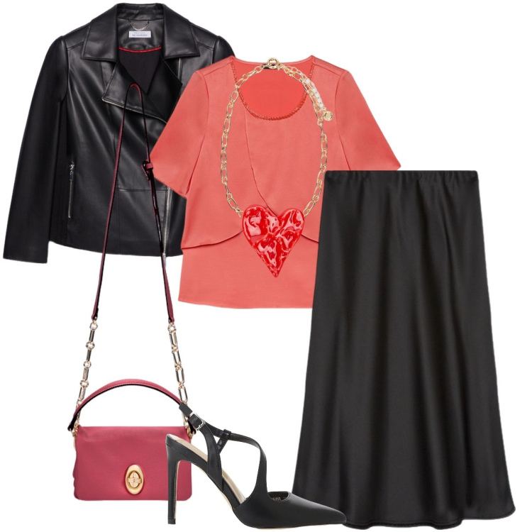 Outfit donna - Elegante ma un po’ rock. Stile Bon Ton per Serata fuori. Abbinamento con décolleté, bluse, blazer, gonne longuette, ciondoli, borse a tracolla.