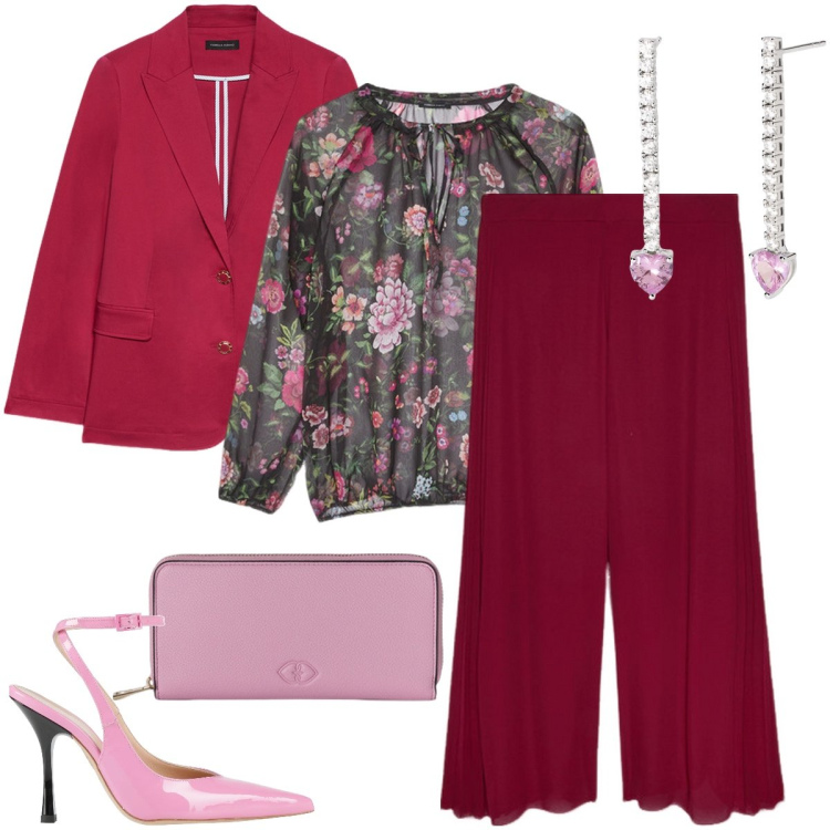 Outfit donna - Elegante in rosa e bordeaux. Stile Bon Ton per Cerimonia. Abbinamento con décolleté, orecchini, bluse, pantaloni a palazzo, blazer, portafogli.