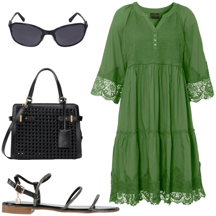 Outfit donna - Dalla spiaggia all\' aperitivo. Stile Casual chic per Mare. Abbinamento con vestiti chemisier, sandali, occhiali da sole, borse a mano.