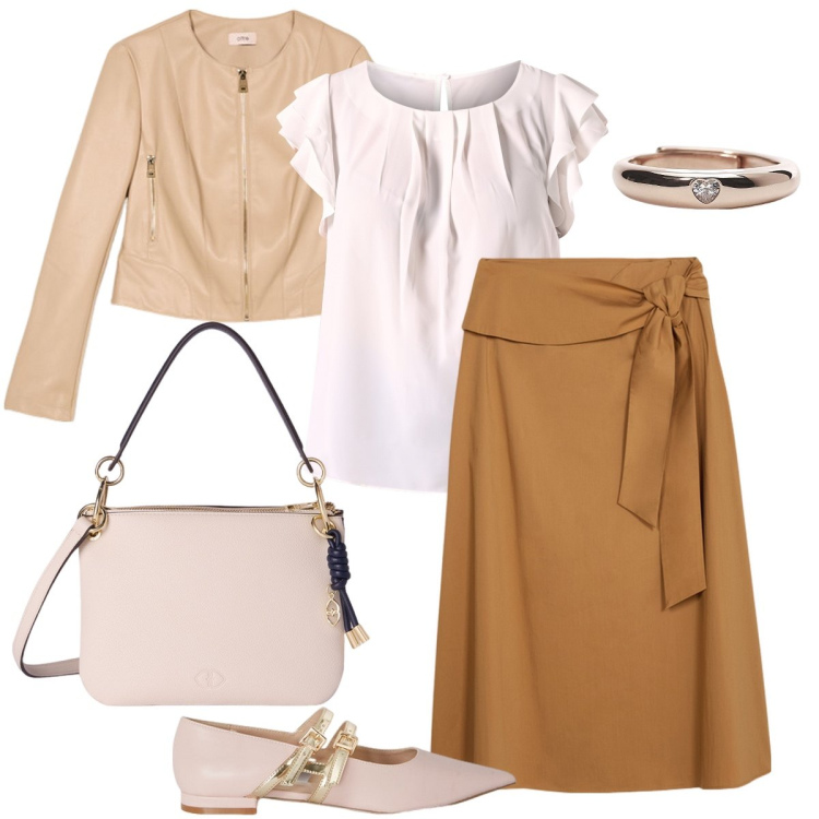 Outfit donna - Pranzo del 25 aprile. Stile Romantica per Serata fuori. Abbinamento con anelli, bluse, gonne longuette, giacche, ballerine, borse a tracolla.