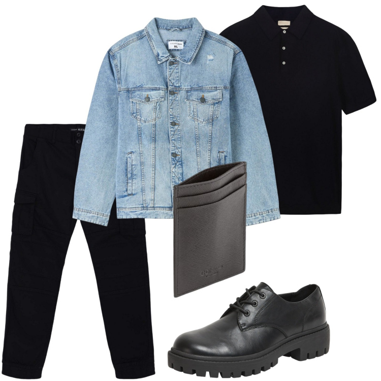 Outfit uomo - Polo urban. Stile Biker Rock per Tutti i giorni. Abbinamento con giacche, pantaloni cargo, scarpe stringate, polo, portafogli.