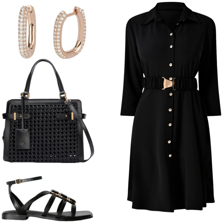 Outfit donna - Riunione di lavoro. Stile Casual chic per Ufficio. Abbinamento con orecchini, vestiti chemisier, borse a mano, sandali gioiello.