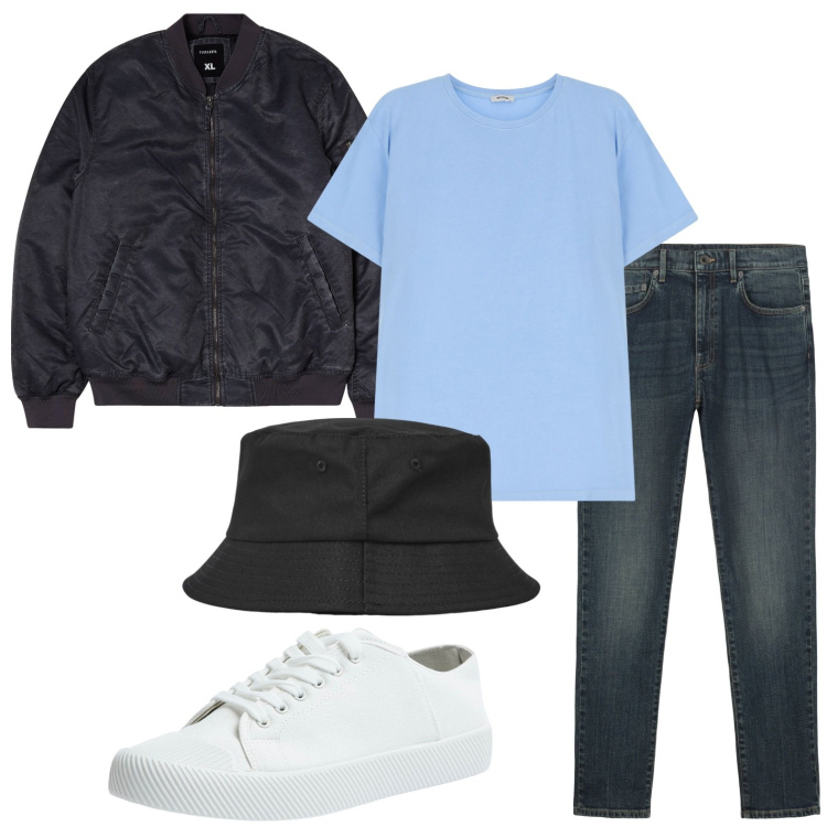 Outfit uomo - Bomber fashion. Stile Casual per Tutti i giorni. Abbinamento con cappelli, sneakers, bomber, t-shirt, jeans.