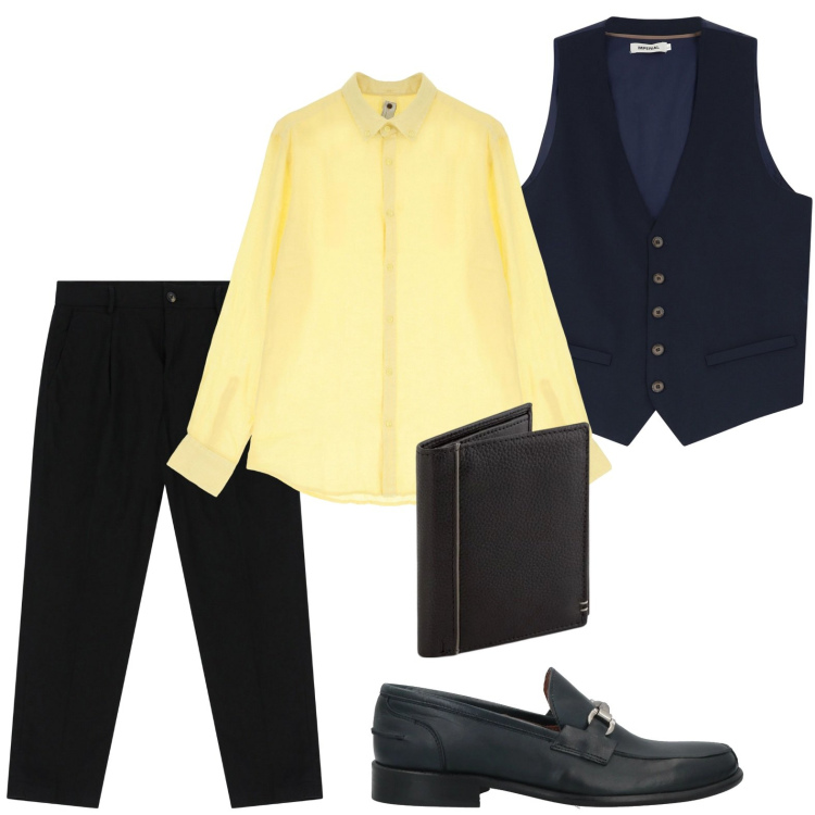 Outfit uomo - Gilet passpartout. Stile Casual per Ufficio. Abbinamento con scarpe stringate, gilet, pantaloni chino, camicie, portafogli.