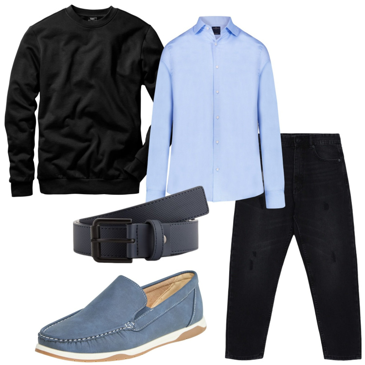 Outfit uomo - Camicia full-time. Stile Casual per Ufficio. Abbinamento con felpe, scarpe stringate, jeans strappati, camicie, cinture.