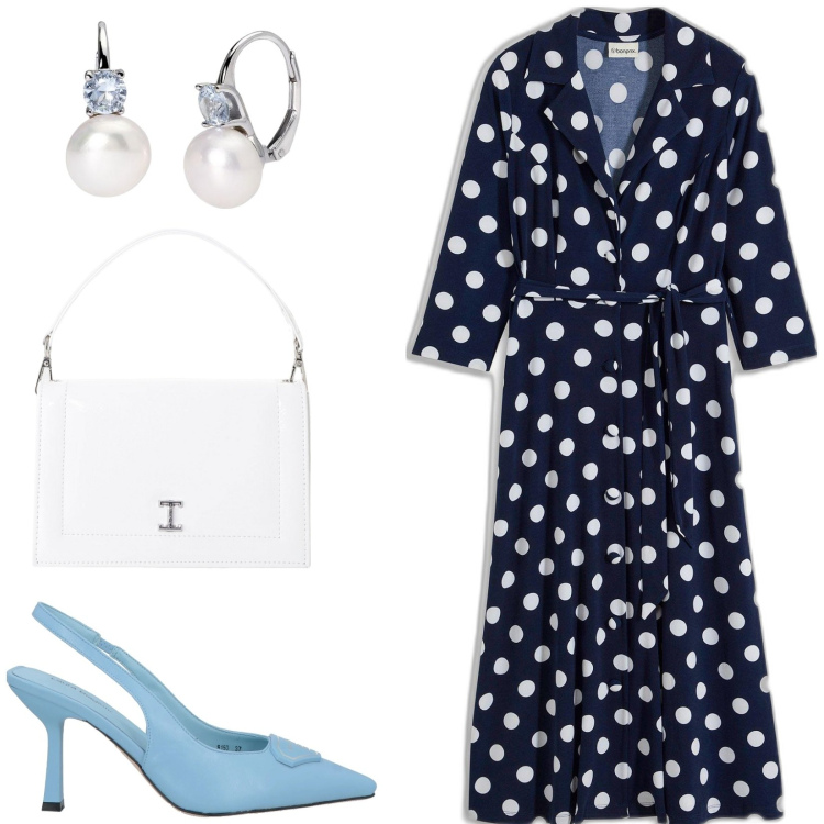 Outfit donna - Chemisier a pois. Stile Casual chic per Tutti i giorni. Abbinamento con vestiti chemisier, décolleté, borse a tracolla, orecchini.