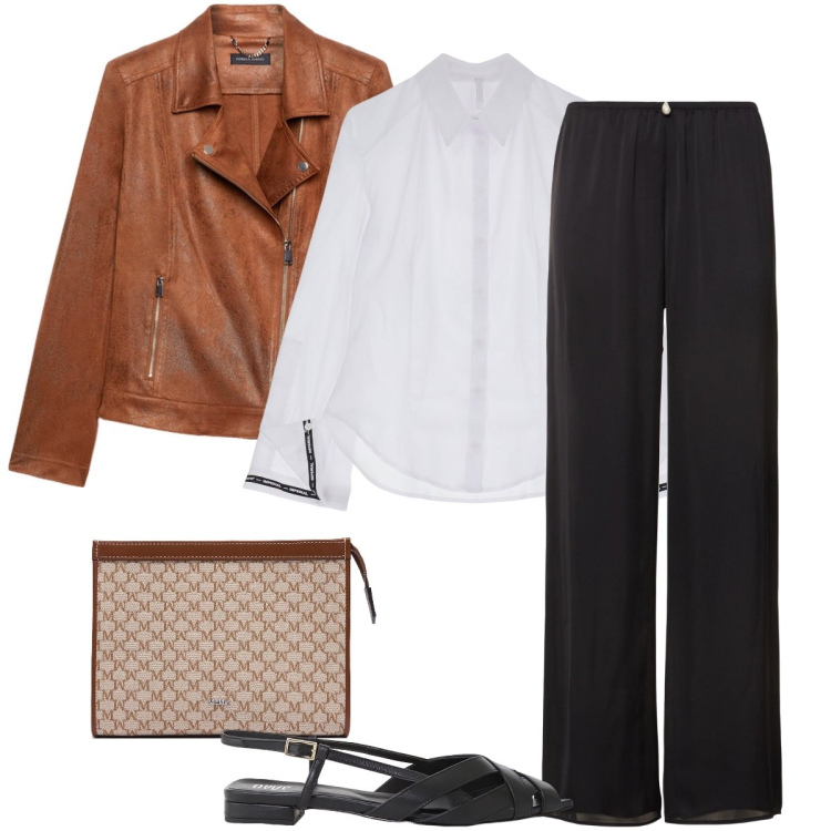 Outfit donna - Il biker marrone. Stile Bon Ton per Serata fuori. Abbinamento con camicie, sandali, blazer, pantaloni, pochette.
