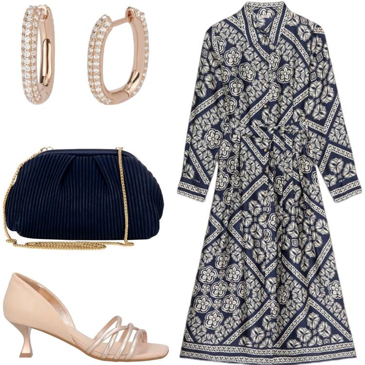 Outfit donna - Cerimonia in chemisier. Stile Glamour per Cerimonia. Abbinamento con sandali in pelle, pochette, orecchini, vestiti chemisier.