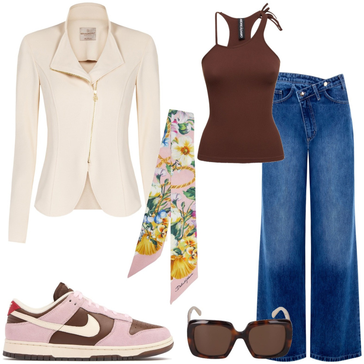 Outfit donna - Total look #2115438. Stile Casual chic per Tutti i giorni. Abbinamento con blazer, jeans, canottiere, occhiali da sole, sneakers, foulard.