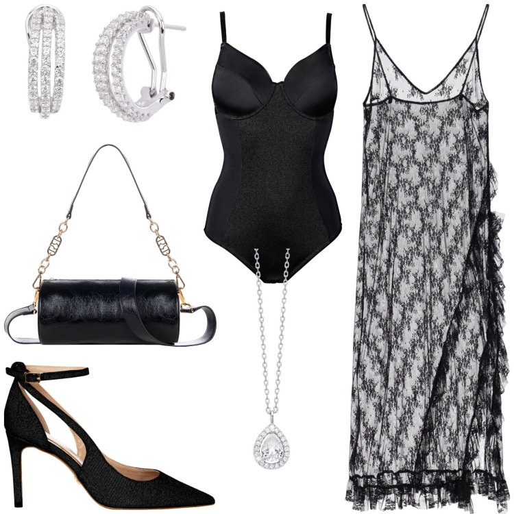 Outfit donna - Trasparenza per una serata glamour. Stile Glamour per Serata fuori. Abbinamento con body, orecchini, collane, décolleté, borse a mano, vestiti midi/longuette.