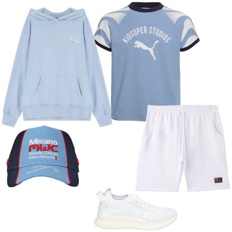 Outfit uomo - Sport. Stile Casual per Sport. Abbinamento con sneakers, bermuda, cappelli, felpe con cappuccio, t-shirt.