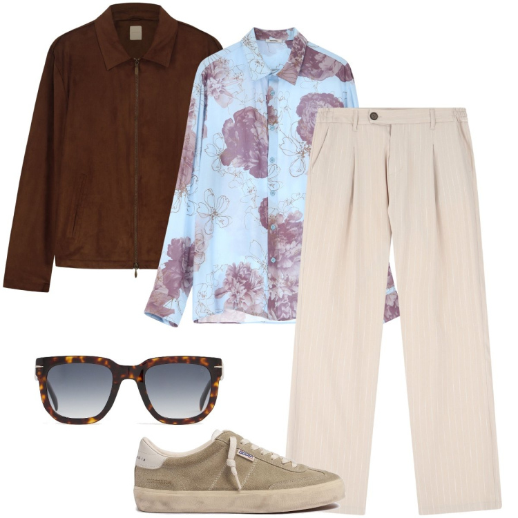 Outfit uomo - Righe e fiori. Stile Trendy per Tutti i giorni. Abbinamento con camicie, pantaloni, giacche, occhiali da sole, sneakers.